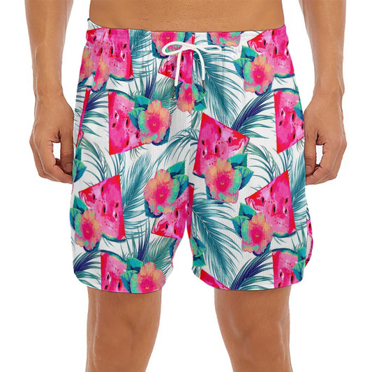 Watermelon Teal Hawaiian Pattern Print Men's Split Running Shorts