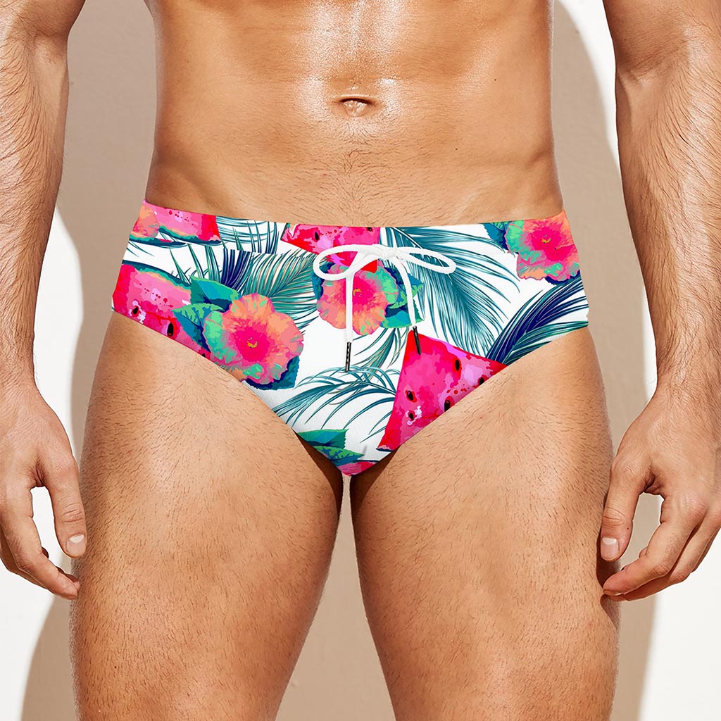 Watermelon Teal Hawaiian Pattern Print Men's Swim Briefs