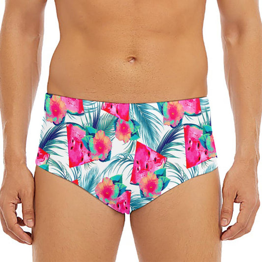 Watermelon Teal Hawaiian Pattern Print Men's Triangle Swim Briefs
