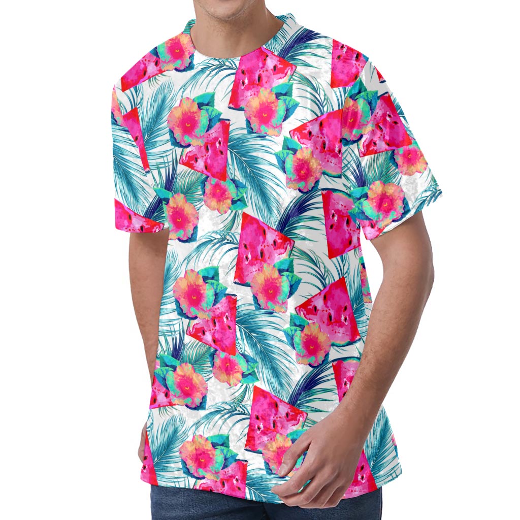 Watermelon Teal Hawaiian Pattern Print Men's Velvet T-Shirt