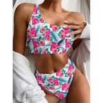 Watermelon Teal Hawaiian Pattern Print One Shoulder Bikini Top