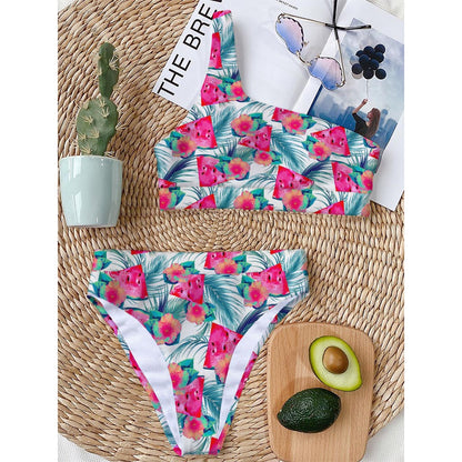 Watermelon Teal Hawaiian Pattern Print One Shoulder Bikini Top