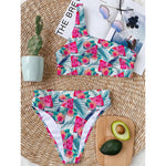 Watermelon Teal Hawaiian Pattern Print One Shoulder Bikini Top