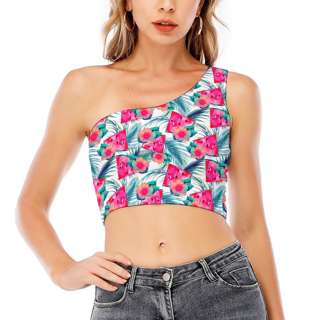 Watermelon Teal Hawaiian Pattern Print One Shoulder Crop Top