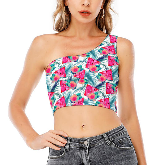 Watermelon Teal Hawaiian Pattern Print One Shoulder Crop Top