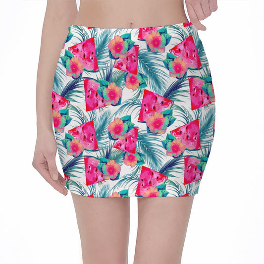 Watermelon Teal Hawaiian Pattern Print Pencil Mini Skirt