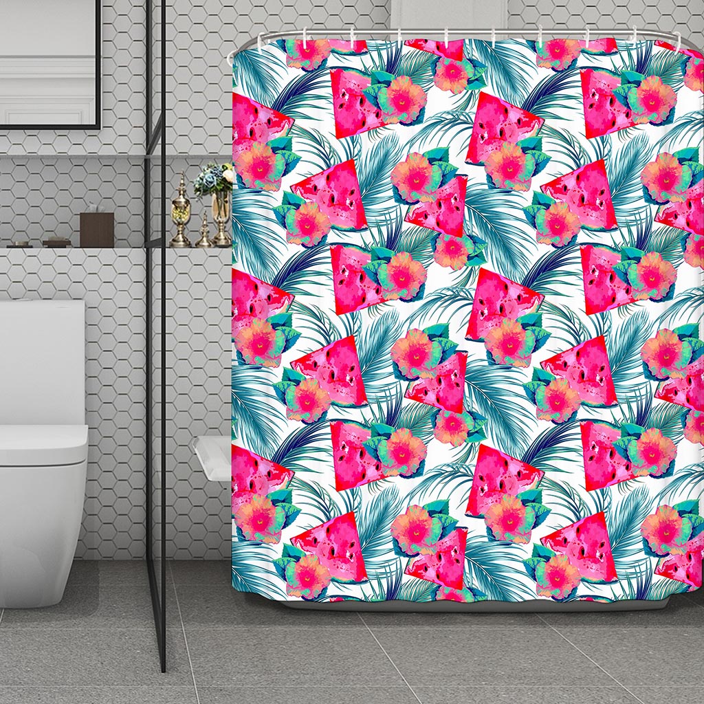 Watermelon Teal Hawaiian Pattern Print Polyester Shower Curtain