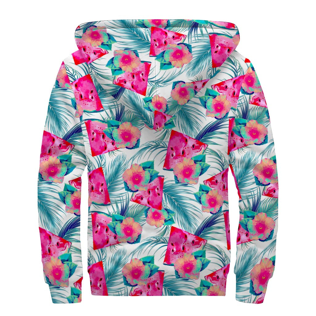 Watermelon Teal Hawaiian Pattern Print Sherpa Lined Zip Up Hoodie