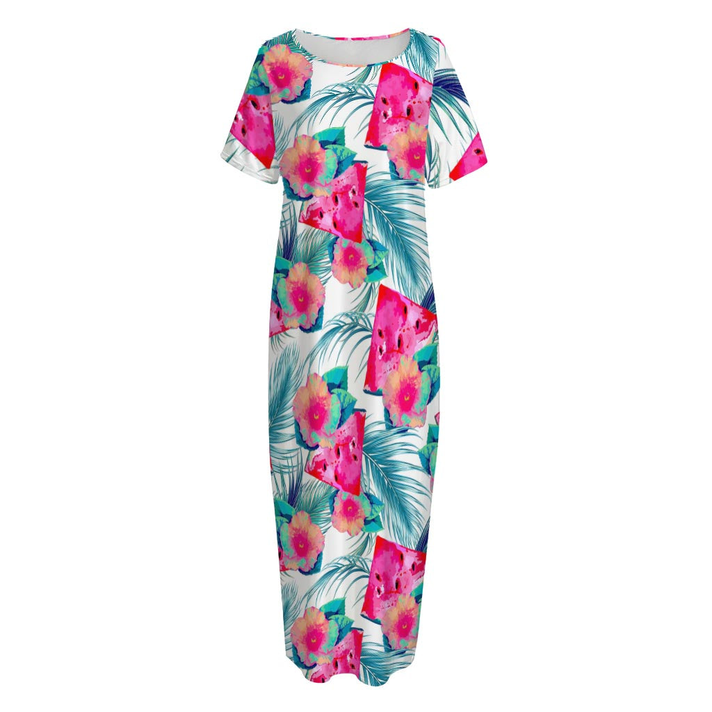 Watermelon Teal Hawaiian Pattern Print Short Sleeve Long Nightdress