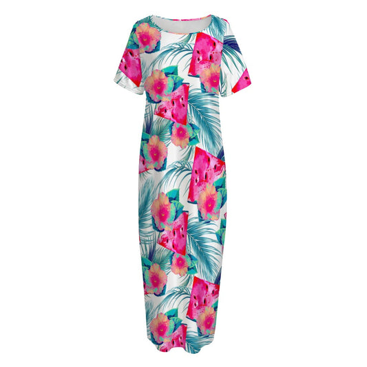 Watermelon Teal Hawaiian Pattern Print Short Sleeve Long Nightdress