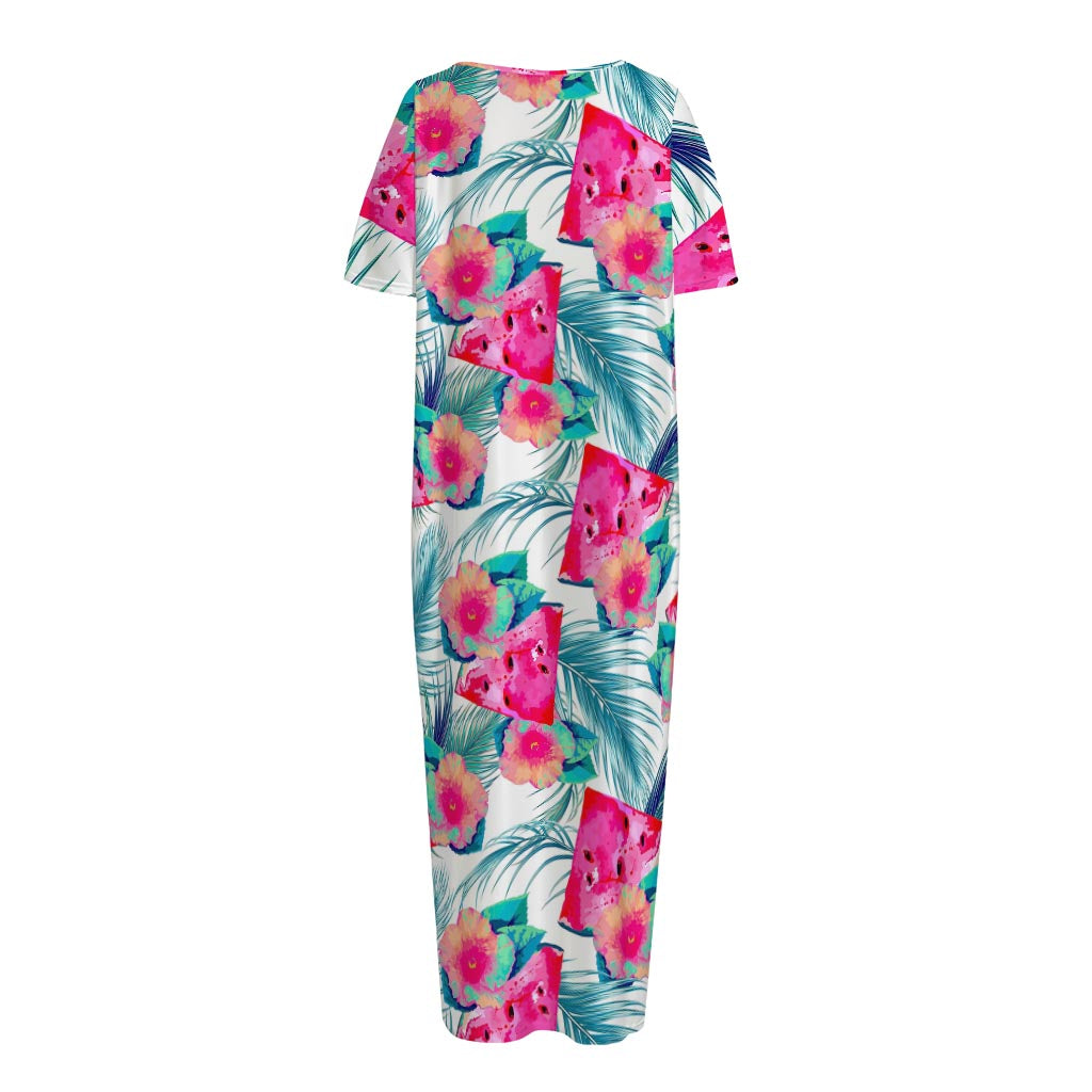 Watermelon Teal Hawaiian Pattern Print Short Sleeve Long Nightdress