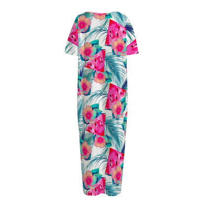 Watermelon Teal Hawaiian Pattern Print Short Sleeve Long Nightdress