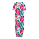 Watermelon Teal Hawaiian Pattern Print Short Sleeve Long Nightdress