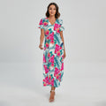 Watermelon Teal Hawaiian Pattern Print Short Sleeve Maxi Dress
