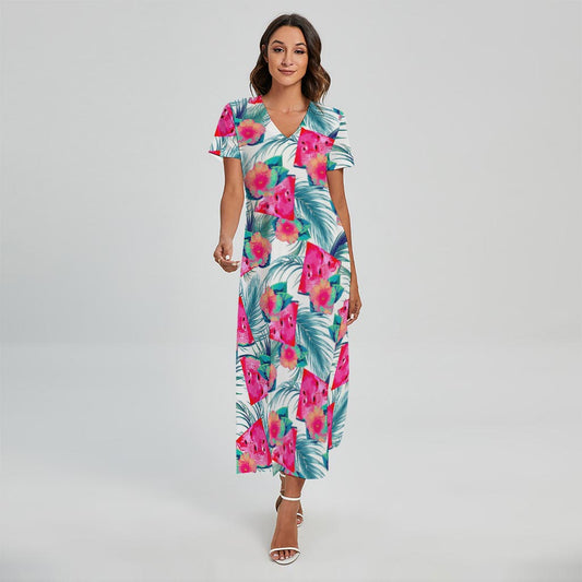 Watermelon Teal Hawaiian Pattern Print Short Sleeve Maxi Dress