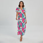 Watermelon Teal Hawaiian Pattern Print Short Sleeve Maxi Dress