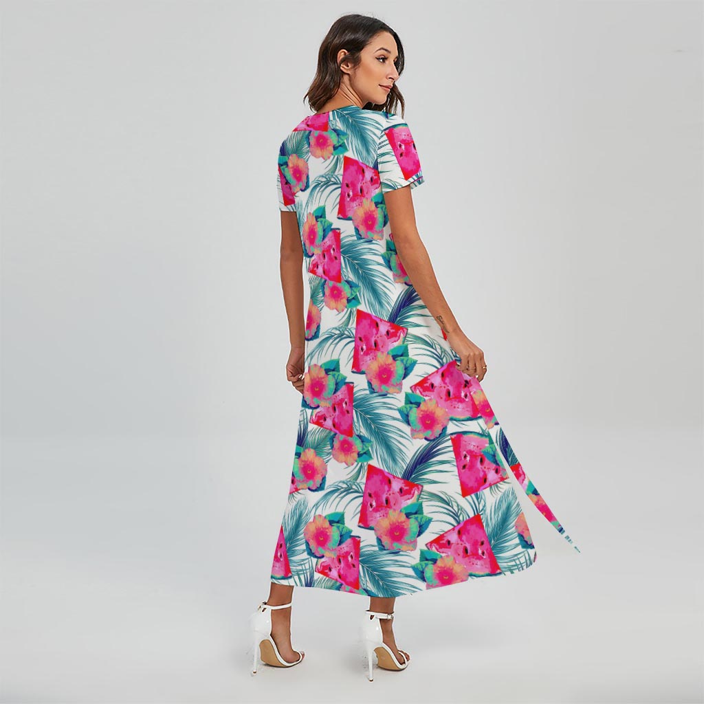 Watermelon Teal Hawaiian Pattern Print Short Sleeve Maxi Dress
