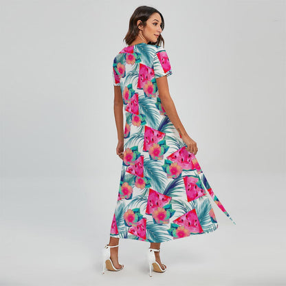 Watermelon Teal Hawaiian Pattern Print Short Sleeve Maxi Dress