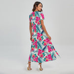 Watermelon Teal Hawaiian Pattern Print Short Sleeve Maxi Dress