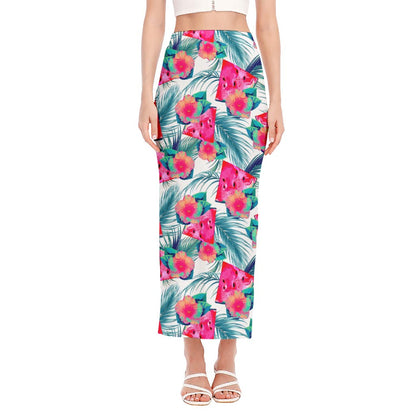 Watermelon Teal Hawaiian Pattern Print Side Slit Maxi Skirt
