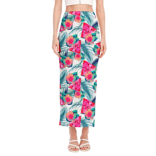 Watermelon Teal Hawaiian Pattern Print Side Slit Maxi Skirt