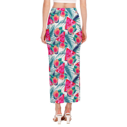 Watermelon Teal Hawaiian Pattern Print Side Slit Maxi Skirt