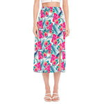 Watermelon Teal Hawaiian Pattern Print Side Slit Midi Skirt