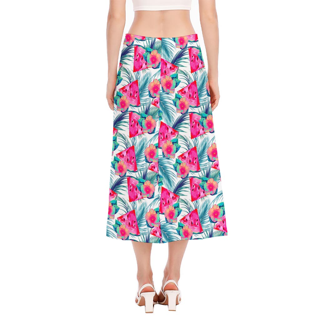 Watermelon Teal Hawaiian Pattern Print Side Slit Midi Skirt