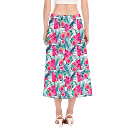Watermelon Teal Hawaiian Pattern Print Side Slit Midi Skirt