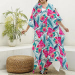 Watermelon Teal Hawaiian Pattern Print Silk V-Neck Kaftan Dress