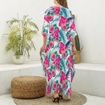 Watermelon Teal Hawaiian Pattern Print Silk V-Neck Kaftan Dress
