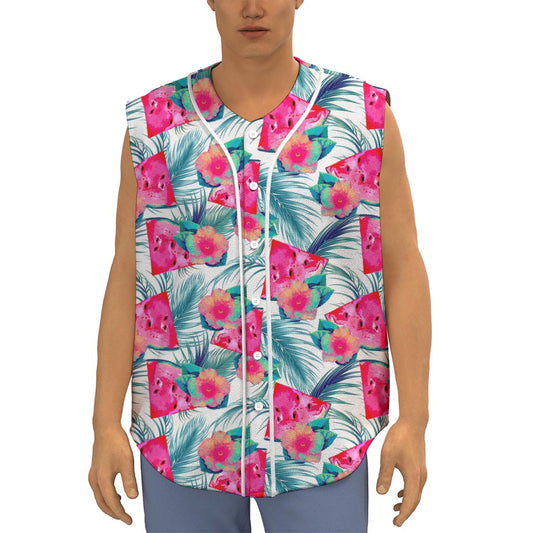 Watermelon Teal Hawaiian Pattern Print Sleeveless Baseball Jersey