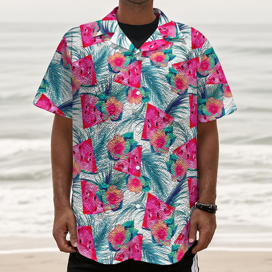 Watermelon Teal Hawaiian Pattern Print Textured Short Sleeve Shirt