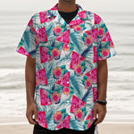 Watermelon Teal Hawaiian Pattern Print Textured Short Sleeve Shirt