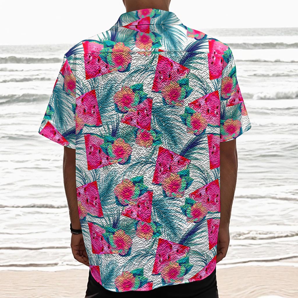 Watermelon Teal Hawaiian Pattern Print Textured Short Sleeve Shirt