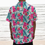 Watermelon Teal Hawaiian Pattern Print Textured Short Sleeve Shirt