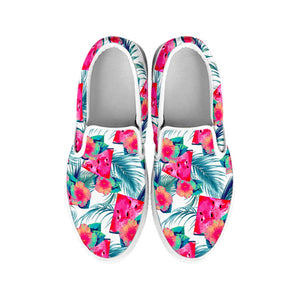 Watermelon Teal Hawaiian Pattern Print White Slip On Sneakers