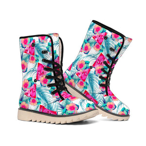 Watermelon Teal Hawaiian Pattern Print Winter Boots