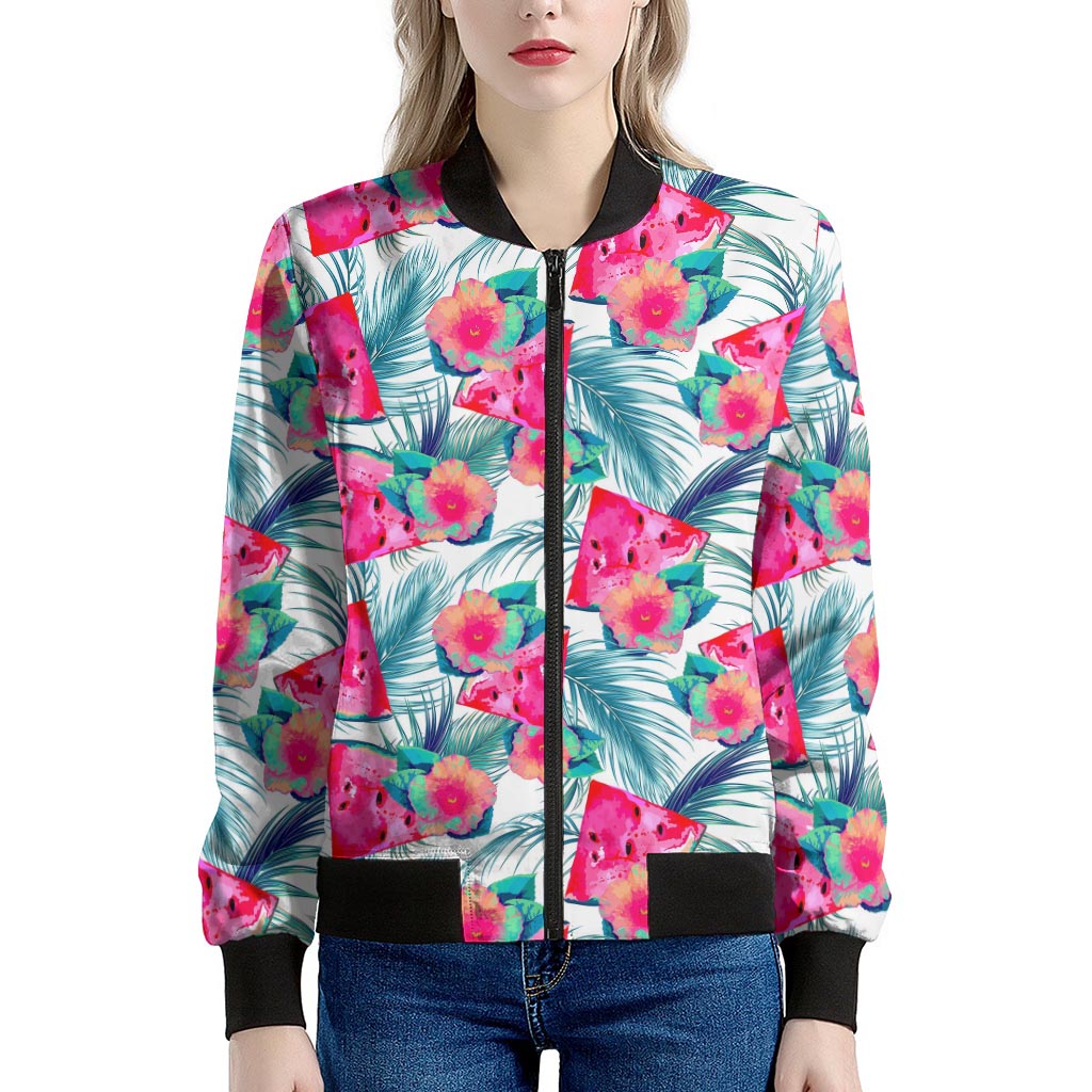 Watermelon Teal Hawaiian Pattern Print Women's Bomber Jacket