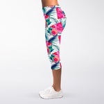 Watermelon Teal Hawaiian Pattern Print Women's Capri Leggings
