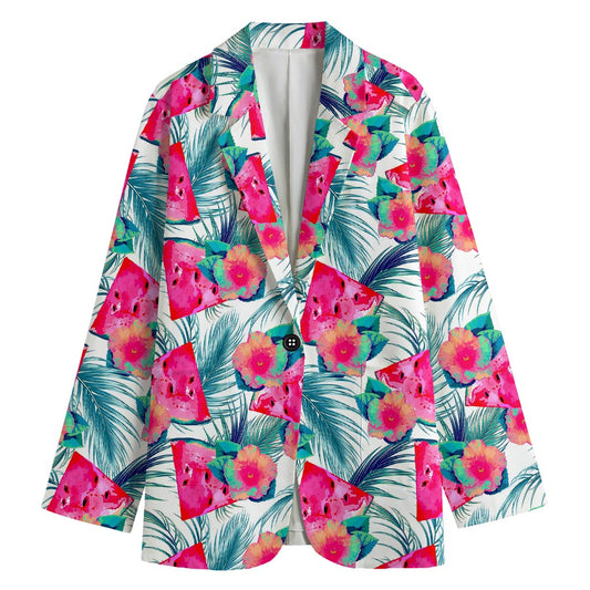 Watermelon Teal Hawaiian Pattern Print Women's Cotton Blazer