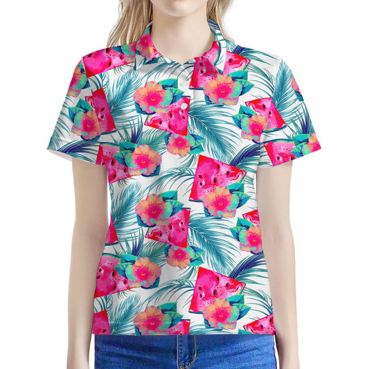 Watermelon Teal Hawaiian Pattern Print Women's Polo Shirt