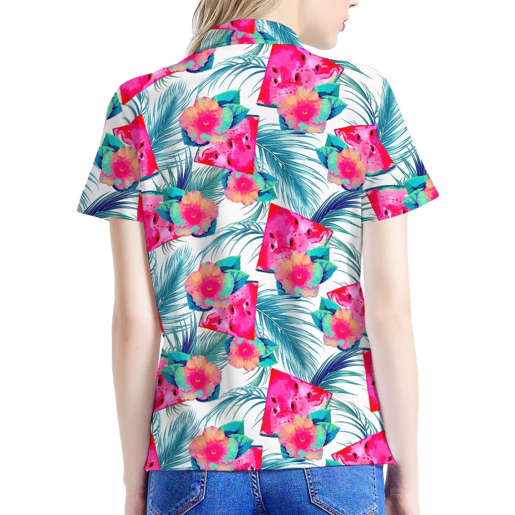 Watermelon Teal Hawaiian Pattern Print Women's Polo Shirt