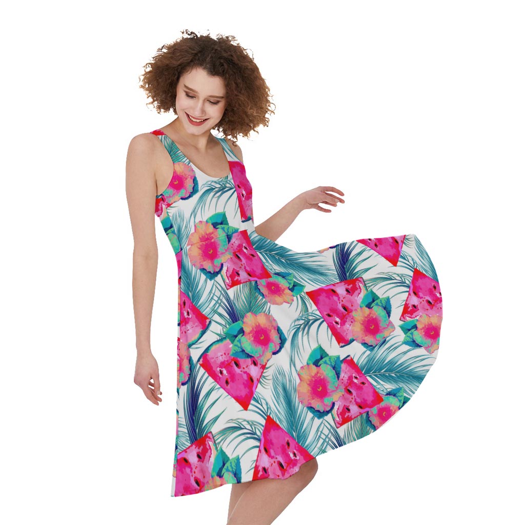 Watermelon Teal Hawaiian Pattern Print Women's Sleeveless Dress