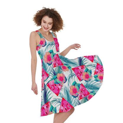 Watermelon Teal Hawaiian Pattern Print Women's Sleeveless Dress