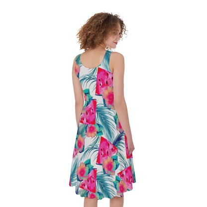 Watermelon Teal Hawaiian Pattern Print Women's Sleeveless Dress
