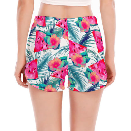 Watermelon Teal Hawaiian Pattern Print Women's Split Running Shorts