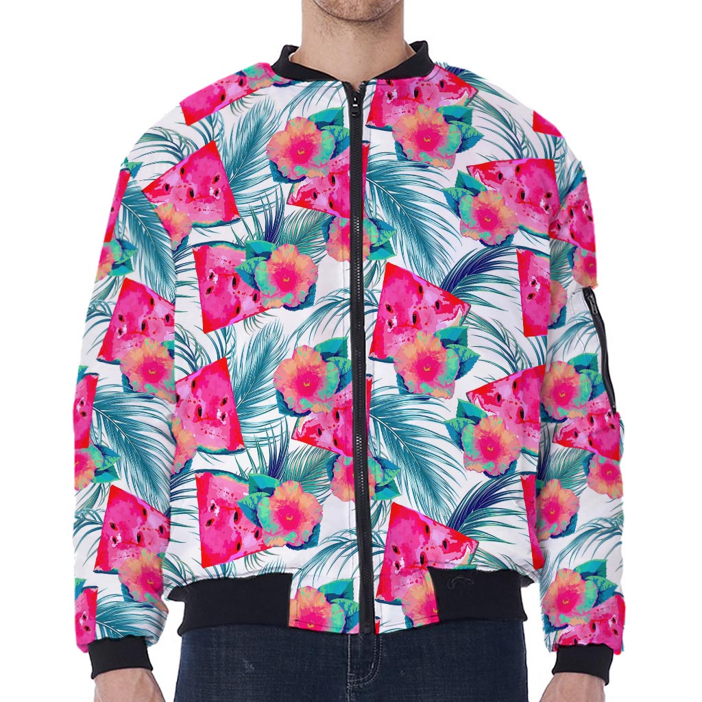 Watermelon Teal Hawaiian Pattern Print Zip Sleeve Bomber Jacket