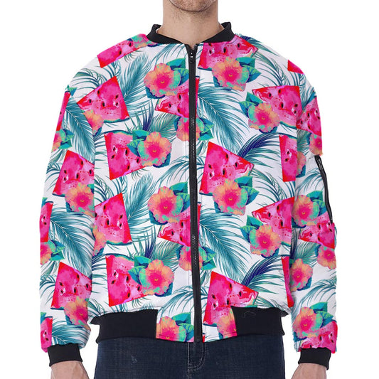 Watermelon Teal Hawaiian Pattern Print Zip Sleeve Bomber Jacket