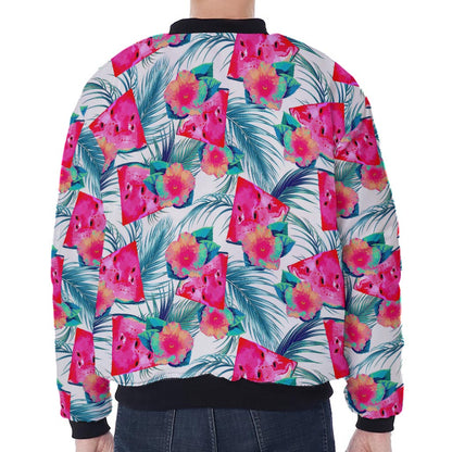 Watermelon Teal Hawaiian Pattern Print Zip Sleeve Bomber Jacket